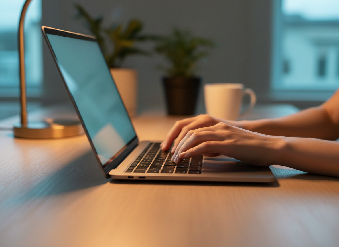 Realistic close-up of hands typing on a modern laptop on a minimalist wooden desk, warm amber desk lamp light and cool cyan screen glow, shallow depth of field, premium editorial tech photography, no text, no robots