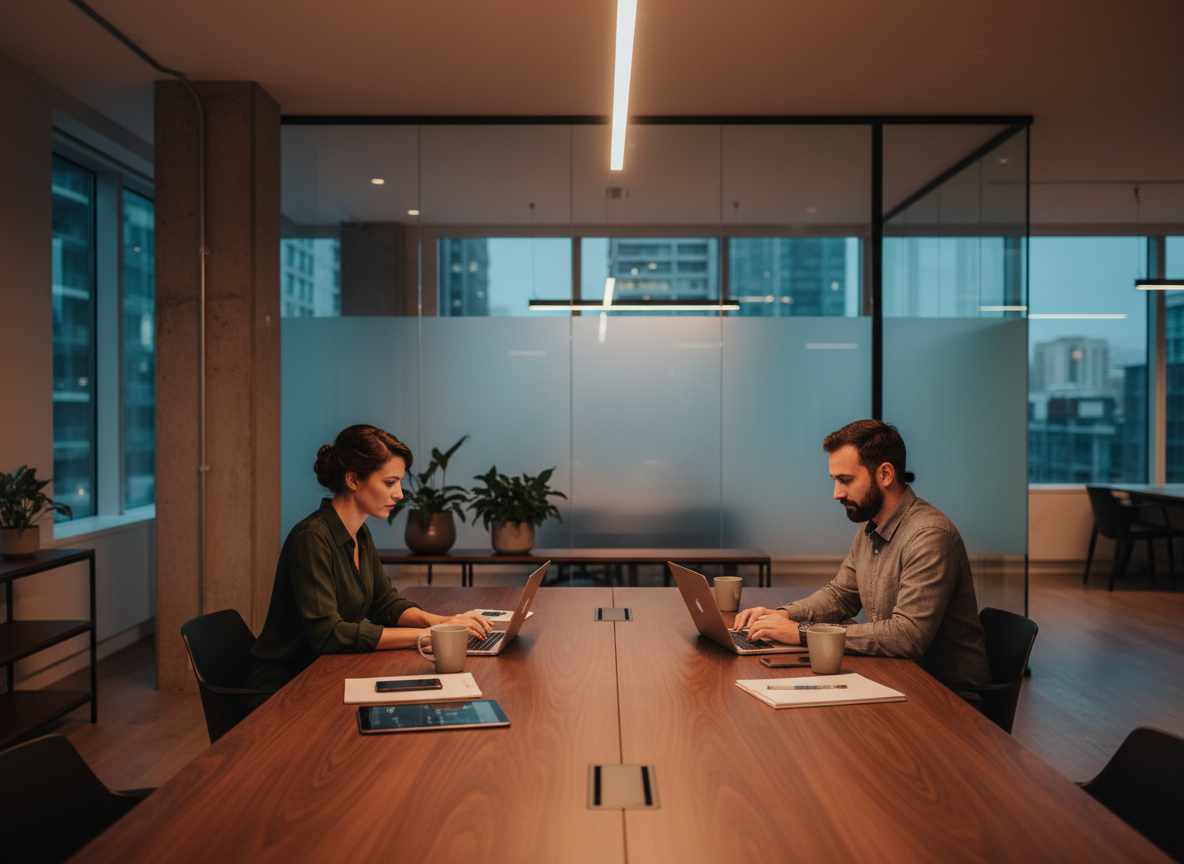 Realistic modern collaborative workspace, two professionals working at a sleek desk with laptops, soft amber ambient lighting with subtle cyan highlights
