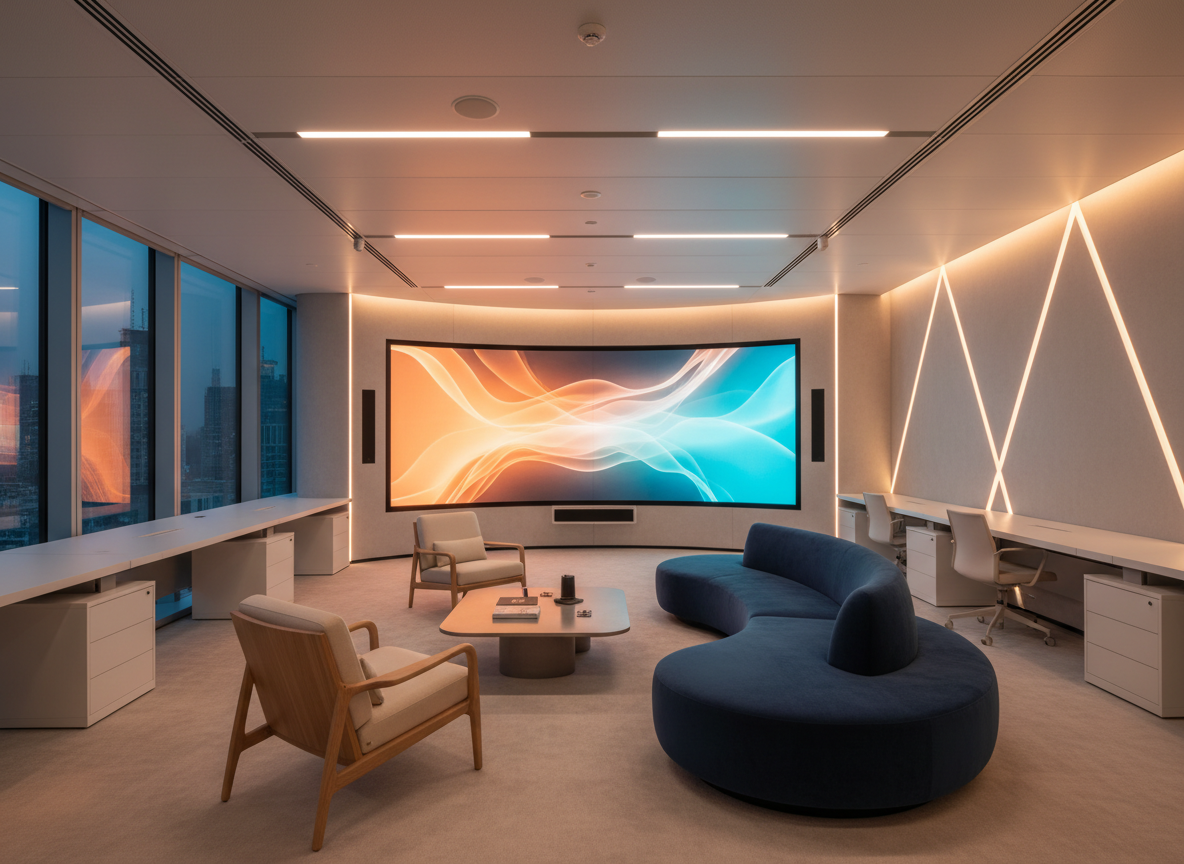 Realistic modern office meeting space with a large screen and comfortable seating, soft ambient amber and cyan lighting, empty elegant workspace, cinematic premium tech magazine photography, no text, no robots